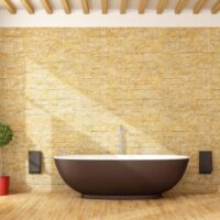 Contemporary bathroom with brown bathtub - 3D Rendering